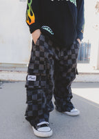 Little Trouble Checkered Baggy Black Jeans