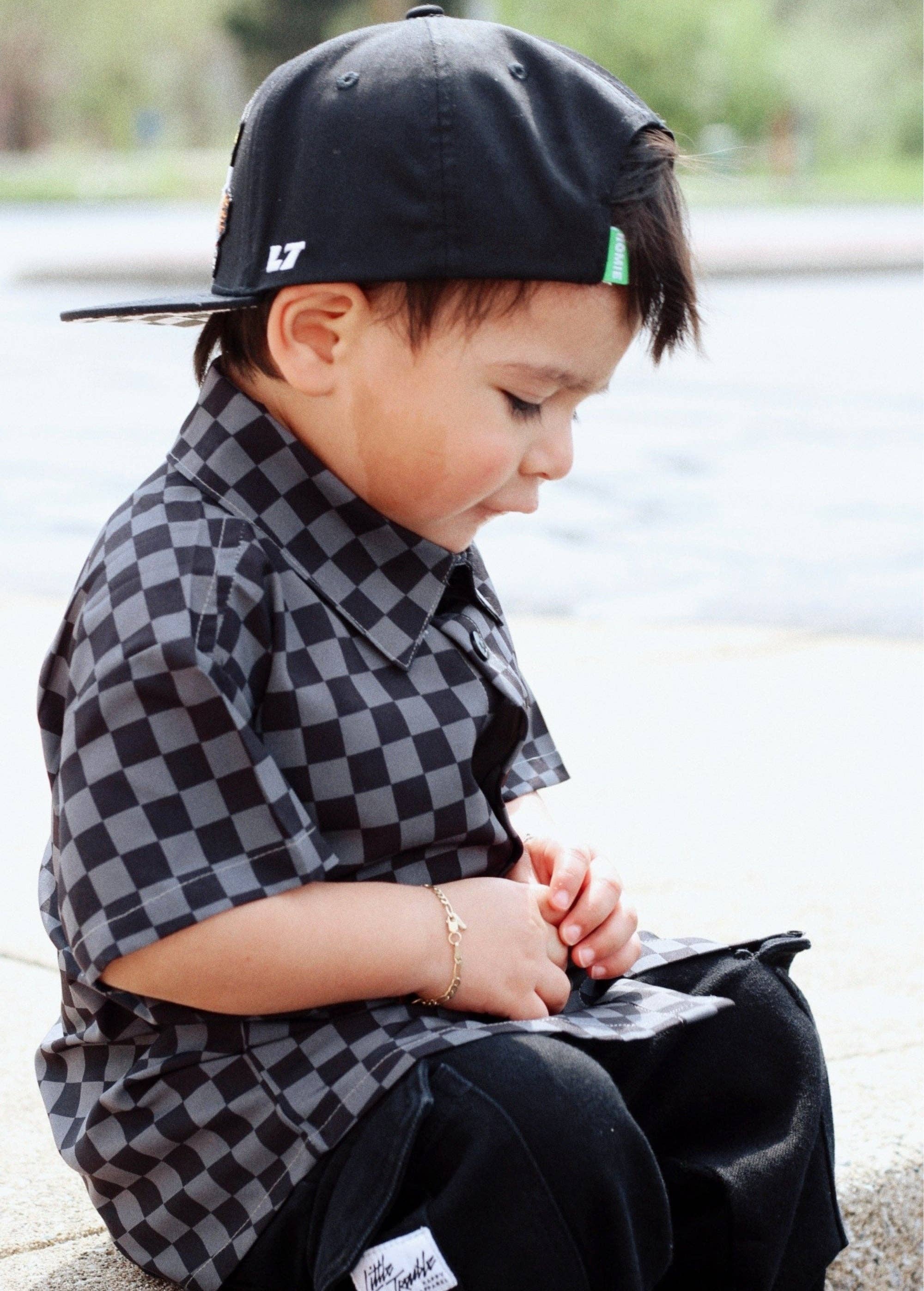 Little Trouble Grey Checkered Button-Up
